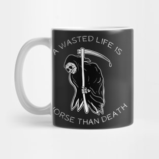 Tattoo Art Skeleton With Scythe Wasted Life Worse Than Death Mug